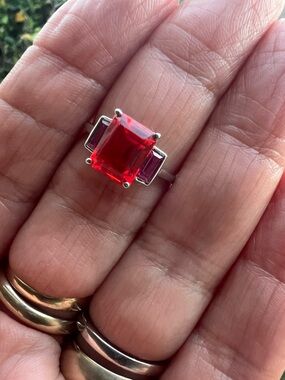 Lab Orange Mandarin Emerald-Cut Citrine & Pink Spinel Gemstone  Ring